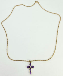 0817: Vintage: 9ct Gold Necklace (40cm) Amethysts Diamond Cross Pendant- exquisite