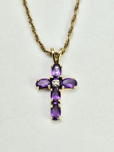 0817: Vintage: 9ct Gold Necklace (40cm) Amethysts Diamond Cross Pendant- exquisite