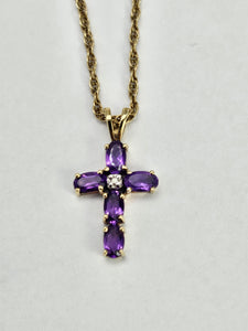 0817: Vintage: 9ct Gold Necklace (40cm) Amethysts Diamond Cross Pendant- exquisite