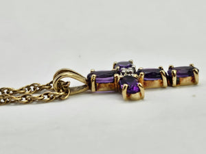 0817: Vintage: 9ct Gold Necklace (40cm) Amethysts Diamond Cross Pendant- exquisite