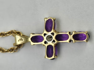 0817: Vintage: 9ct Gold Necklace (40cm) Amethysts Diamond Cross Pendant- exquisite