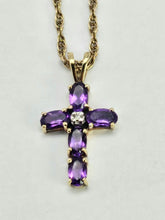 Load image into Gallery viewer, 0817: Vintage: 9ct Gold Necklace (40cm) Amethysts Diamond Cross Pendant- exquisite
