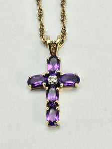 0817: Vintage: 9ct Gold Necklace (40cm) Amethysts Diamond Cross Pendant- exquisite