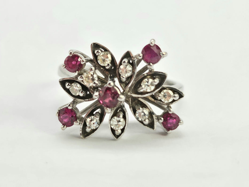 0907: Vintage: 18ct White Gold Rubies Diamonds Asymmetrical Spray Ring- Date-Mark 1973