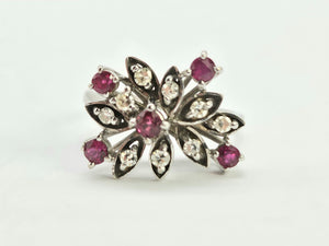 0907: Vintage: 18ct White Gold Rubies Diamonds Asymmetrical Spray Ring- Date-Mark 1973