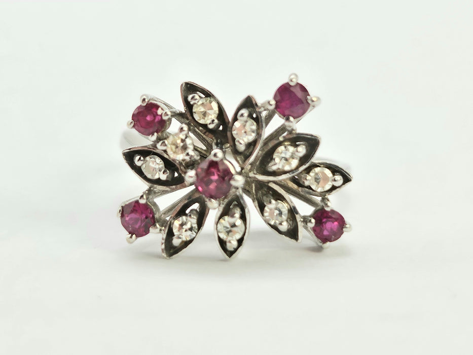 6498 Vintage: 18ct White Gold Ruby & Diamond Asymmetric Spray Cluster Ring — From 1973