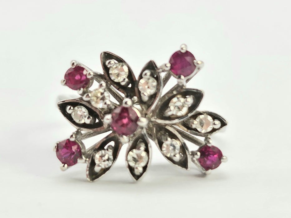 6498 Vintage: 18ct White Gold Ruby & Diamond Asymmetric Spray Cluster Ring — From 1973