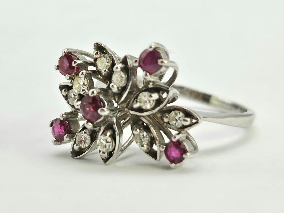 6498 Vintage: 18ct White Gold Ruby & Diamond Asymmetric Spray Cluster Ring — From 1973