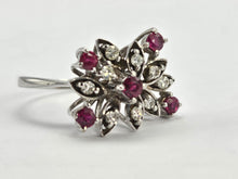 Load image into Gallery viewer, 0907: Vintage: 18ct White Gold Rubies Diamonds Asymmetrical Spray Ring- Date-Mark 1973
