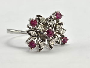 0907: Vintage: 18ct White Gold Rubies Diamonds Asymmetrical Spray Ring- Date-Mark 1973