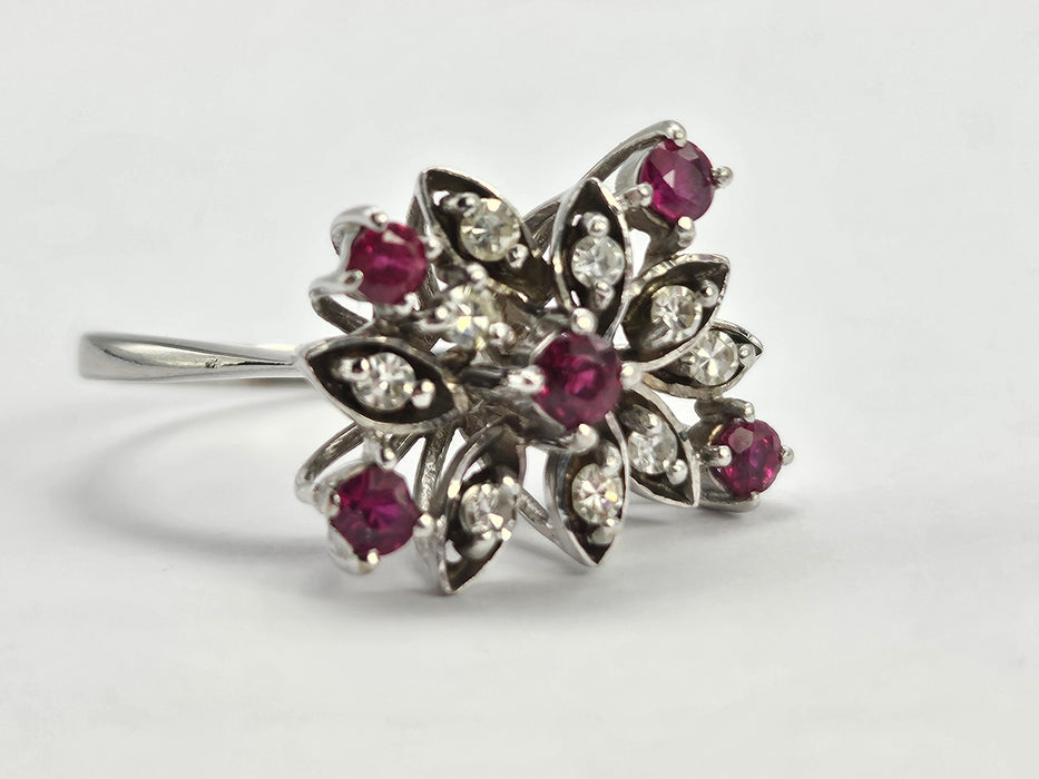 6498 Vintage: 18ct White Gold Ruby & Diamond Asymmetric Spray Cluster Ring — From 1973
