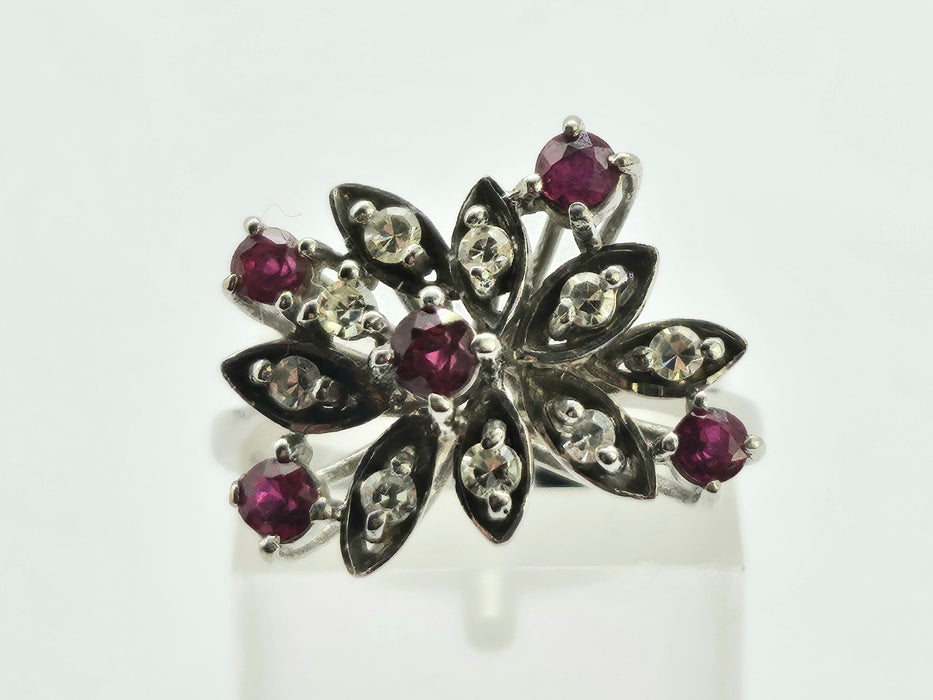 6498 Vintage: 18ct White Gold Ruby & Diamond Asymmetric Spray Cluster Ring — From 1973