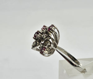 0907: Vintage: 18ct White Gold Rubies Diamonds Asymmetrical Spray Ring- Date-Mark 1973