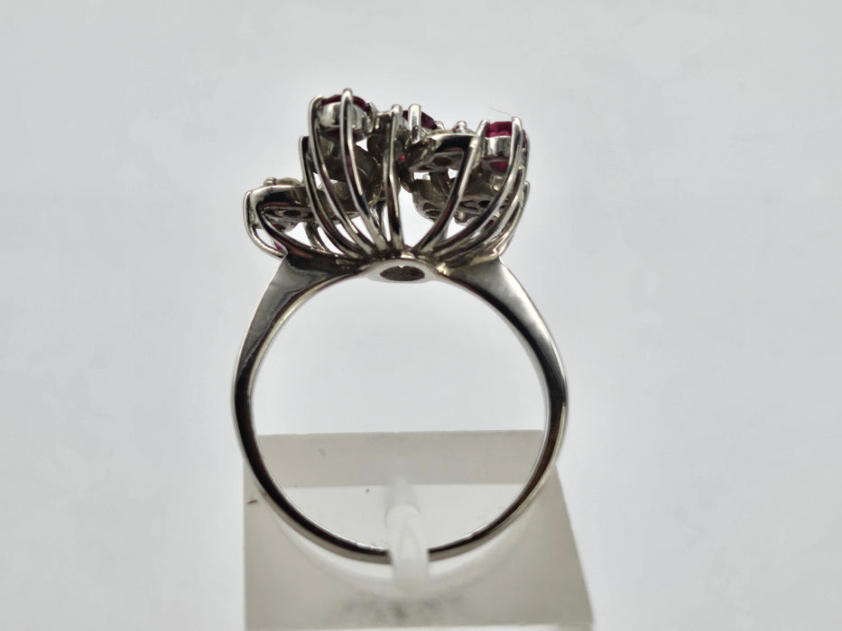 6498 Vintage: 18ct White Gold Ruby & Diamond Asymmetric Spray Cluster Ring — From 1973