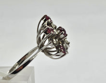 Load image into Gallery viewer, 0907: Vintage: 18ct White Gold Rubies Diamonds Asymmetrical Spray Ring- Date-Mark 1973
