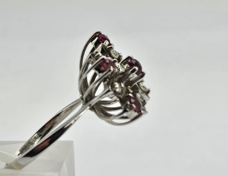 6498 Vintage: 18ct White Gold Ruby & Diamond Asymmetric Spray Cluster Ring — From 1973