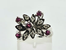 Load image into Gallery viewer, 0907: Vintage: 18ct White Gold Rubies Diamonds Asymmetrical Spray Ring- Date-Mark 1973
