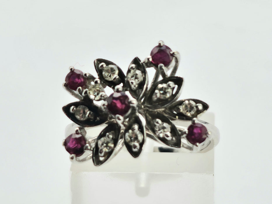 6498 Vintage: 18ct White Gold Ruby & Diamond Asymmetric Spray Cluster Ring — From 1973