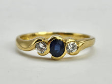 Load image into Gallery viewer, 0760: Vintage: 18ct Gold Art Deco Blue Sapphire Diamonds 3 Stone Ring- old is beautiful
