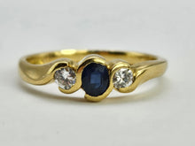 Load image into Gallery viewer, 0760: Vintage: 18ct Gold Art Deco Blue Sapphire Diamonds 3 Stone Ring- old is beautiful
