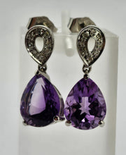 Load image into Gallery viewer, 0848: Vintage: 9ct Gold Purple Amethysts 16 Diamonds Stud Drop Earrings
