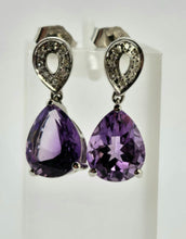 Load image into Gallery viewer, 0848: Vintage: 9ct Gold Purple Amethysts 16 Diamonds Stud Drop Earrings
