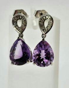 0848: Vintage: 9ct Gold Purple Amethysts 16 Diamonds Stud Drop Earrings