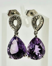 Load image into Gallery viewer, 0848: Vintage: 9ct Gold Purple Amethysts 16 Diamonds Stud Drop Earrings
