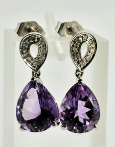 0848: Vintage: 9ct Gold Purple Amethysts 16 Diamonds Stud Drop Earrings