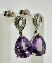 Load image into Gallery viewer, 0848: Vintage: 9ct Gold Purple Amethysts 16 Diamonds Stud Drop Earrings
