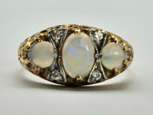 Load image into Gallery viewer, 0849:Vintage: 9ct Cabochon White Opals Trilogy Sapphires Dress Ring
