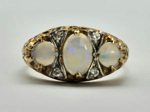 0849:Vintage: 9ct Cabochon White Opals Trilogy Sapphires Dress Ring