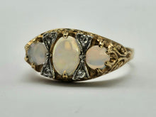 Load image into Gallery viewer, 0849:Vintage: 9ct Cabochon White Opals Trilogy Sapphires Dress Ring
