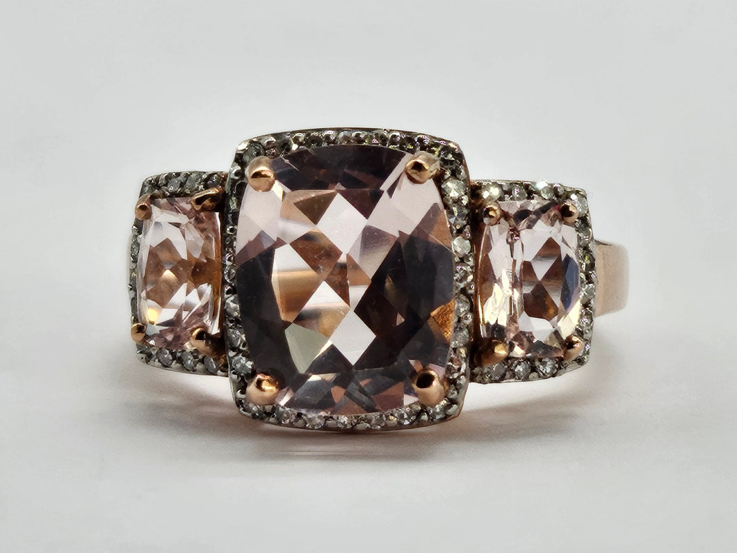 0856: Vintage: 9ct Rose Gold Pink Morganites 52 Diamonds Cocktail Ring- exquisite