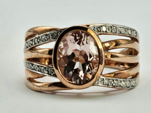 0884: Vintage: 9ct Rose Gold Large Pink Morganite Diamonds Cocktail Ring- Wow