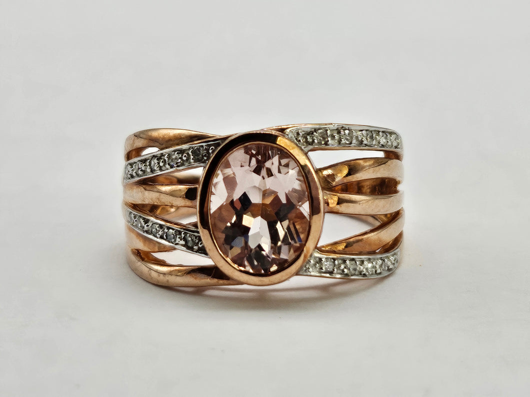 0884: Vintage: 9ct Rose Gold Large Pink Morganite Diamonds Cocktail Ring- Wow