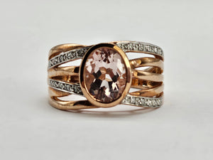 0884: Vintage: 9ct Rose Gold Large Pink Morganite Diamonds Cocktail Ring- Wow