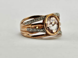 0884: Vintage: 9ct Rose Gold Large Pink Morganite Diamonds Cocktail Ring- Wow