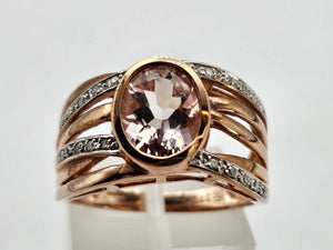 0884: Vintage: 9ct Rose Gold Large Pink Morganite Diamonds Cocktail Ring- Wow