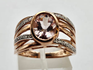 0884: Vintage: 9ct Rose Gold Large Pink Morganite Diamonds Cocktail Ring- Wow