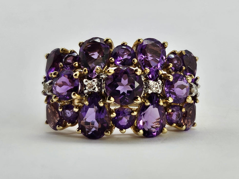 Vintage: 9ct Gold Amethyst & Diamond Cocktail Ring
