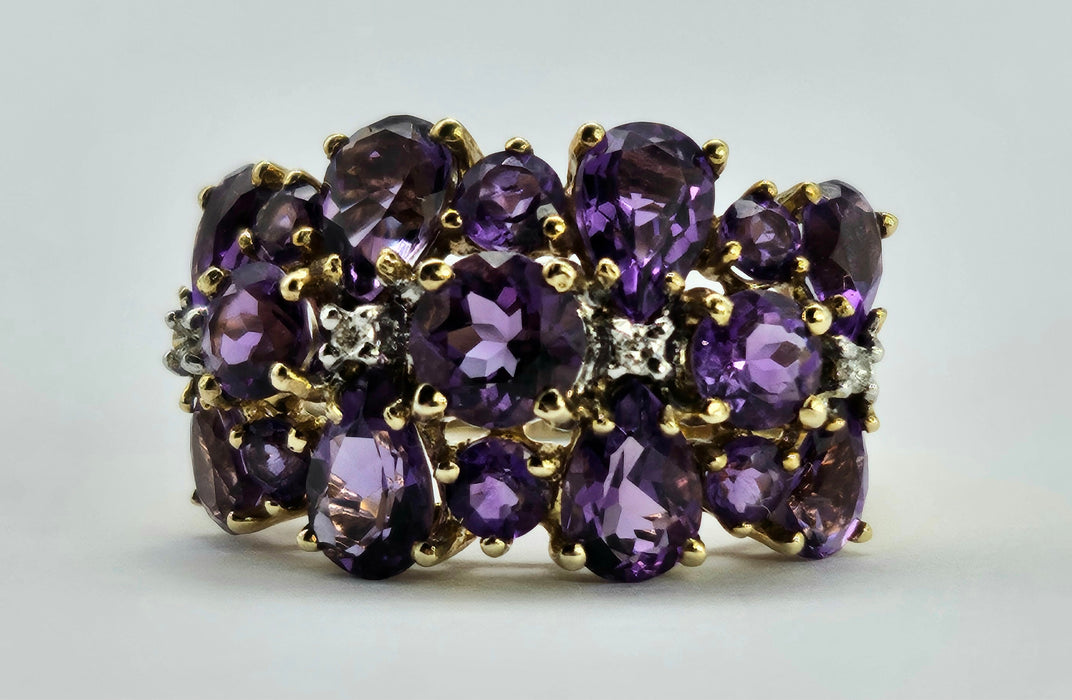 Vintage: 9ct Gold Amethyst & Diamond Cocktail Ring