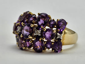 0895: Vintage; 9ct Gold 17 rich purple Amethysts Diamonds Cocktail Ring- Splendid