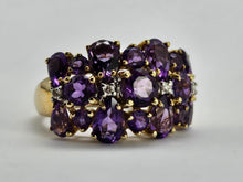 Load image into Gallery viewer, 0895: Vintage; 9ct Gold 17 rich purple Amethysts Diamonds Cocktail Ring- Splendid
