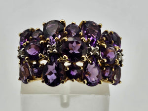 0895: Vintage; 9ct Gold 17 rich purple Amethysts Diamonds Cocktail Ring- Splendid