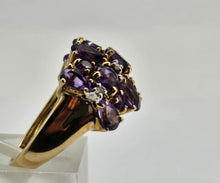 Load image into Gallery viewer, 0895: Vintage; 9ct Gold 17 rich purple Amethysts Diamonds Cocktail Ring- Splendid
