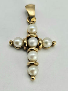 0917: Vintage:: 9ct Gold Cultured Pearls Cross Pendant- lovely, good weight