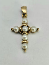 Load image into Gallery viewer, 0917: Vintage:: 9ct Gold Cultured Pearls Cross Pendant- lovely, good weight
