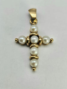 0917: Vintage:: 9ct Gold Cultured Pearls Cross Pendant- lovely, good weight