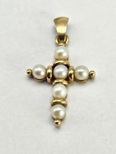 Load image into Gallery viewer, 0917: Vintage:: 9ct Gold Cultured Pearls Cross Pendant- lovely, good weight
